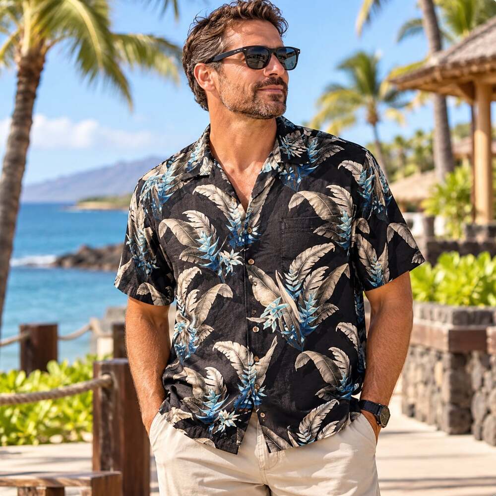 Tommy Bahama 100% Silk Hawaiian Shirt Men’s M Black Tropical Vacation Resort